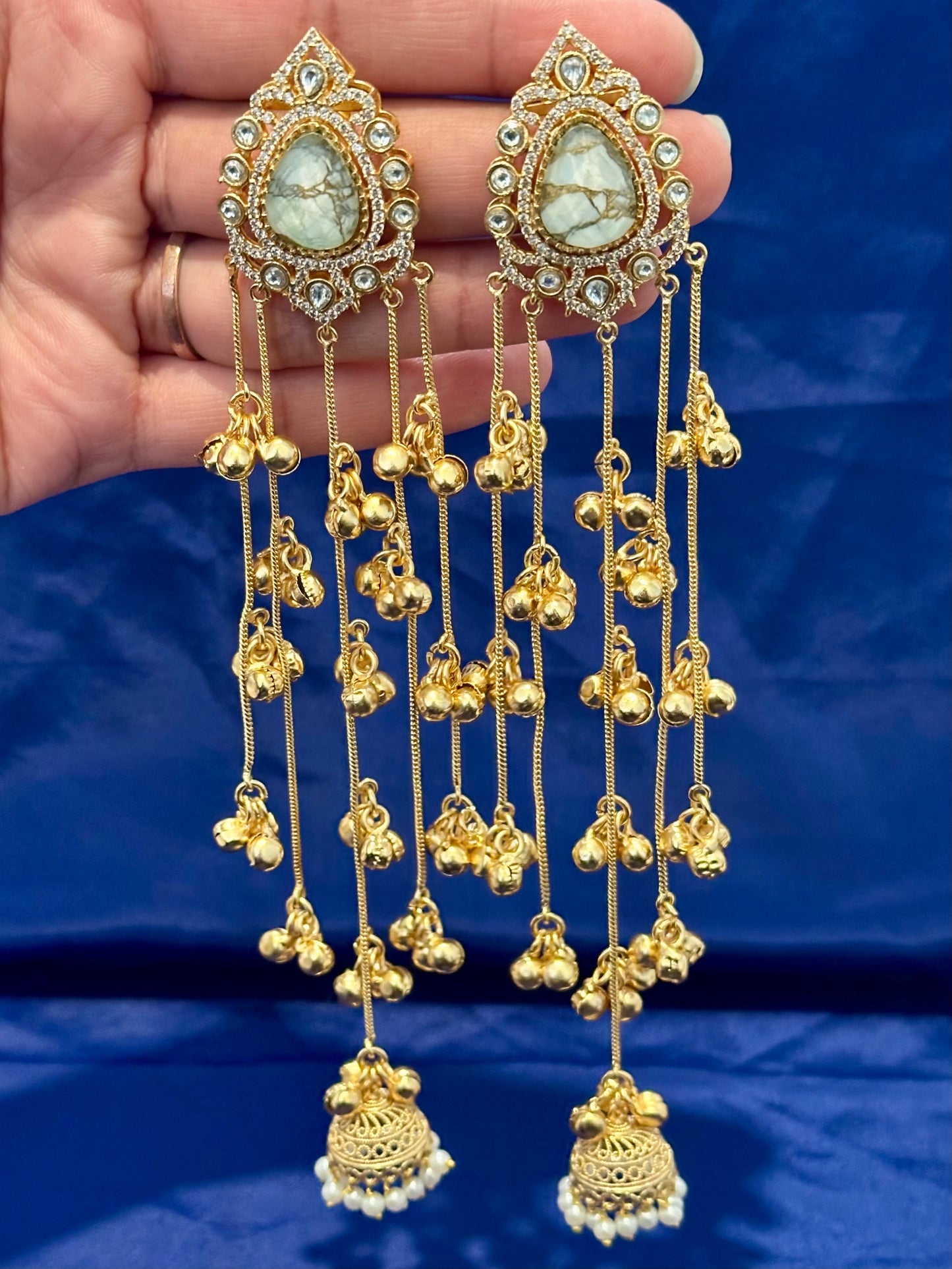 Kashmiri Earrings hanging, Colour: Golden & grey white, Code: 087