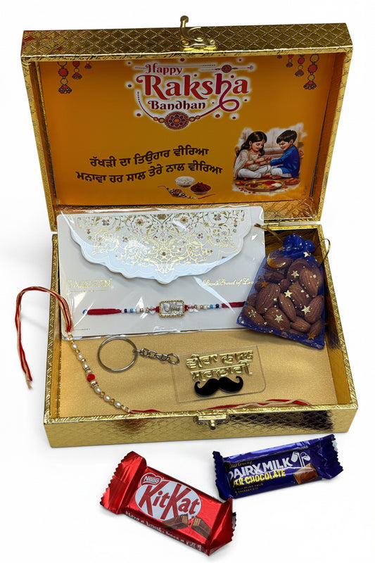 Golden Rakhi Hamper Box - includes : Box , Rakhi , Thread rakhi , Nuts and Chocolates