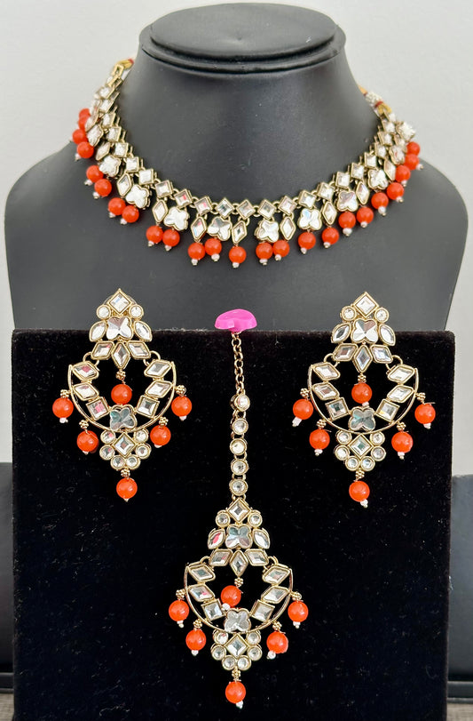 Orange colour necklace set with earrings and tikka, Code: E10
