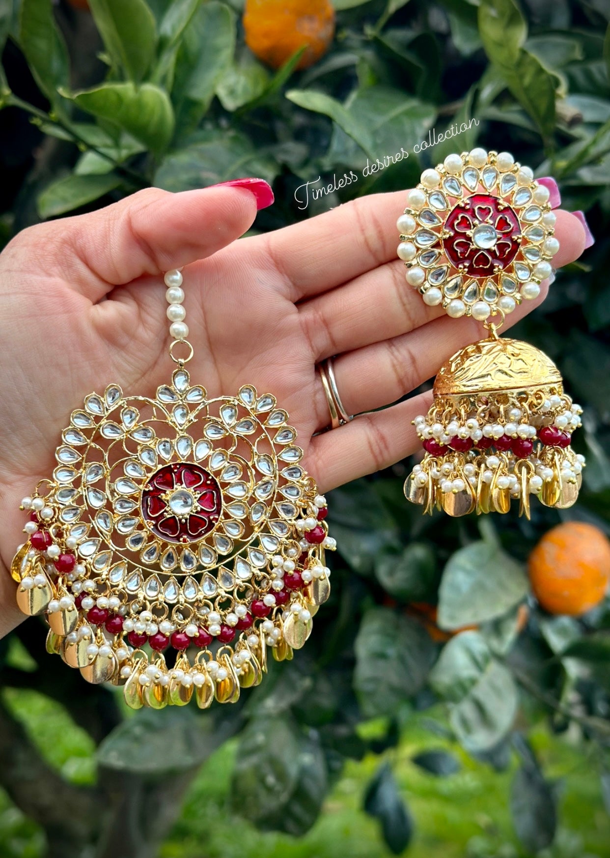Maroon colour jhumka earrings and tikka set with pipal Patti in traditional jewellery ( Nimrat style 👌)
