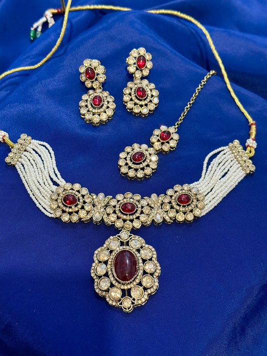 Stone Necklace set with earrings , Colour: Maroon, (Code: X22)