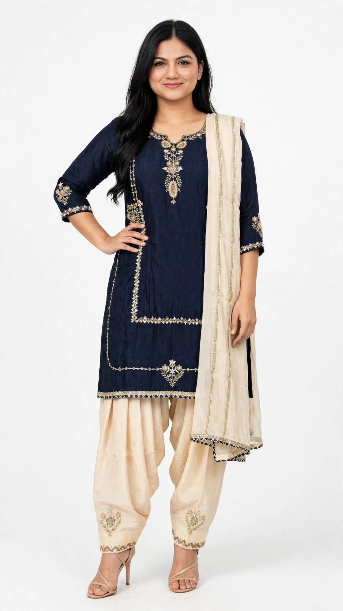 Heavy handwork crape silk based suit pair up with pure Duppata enhanced with finishing patti - Colour: Navy blue + Beige ( Code: 077 )