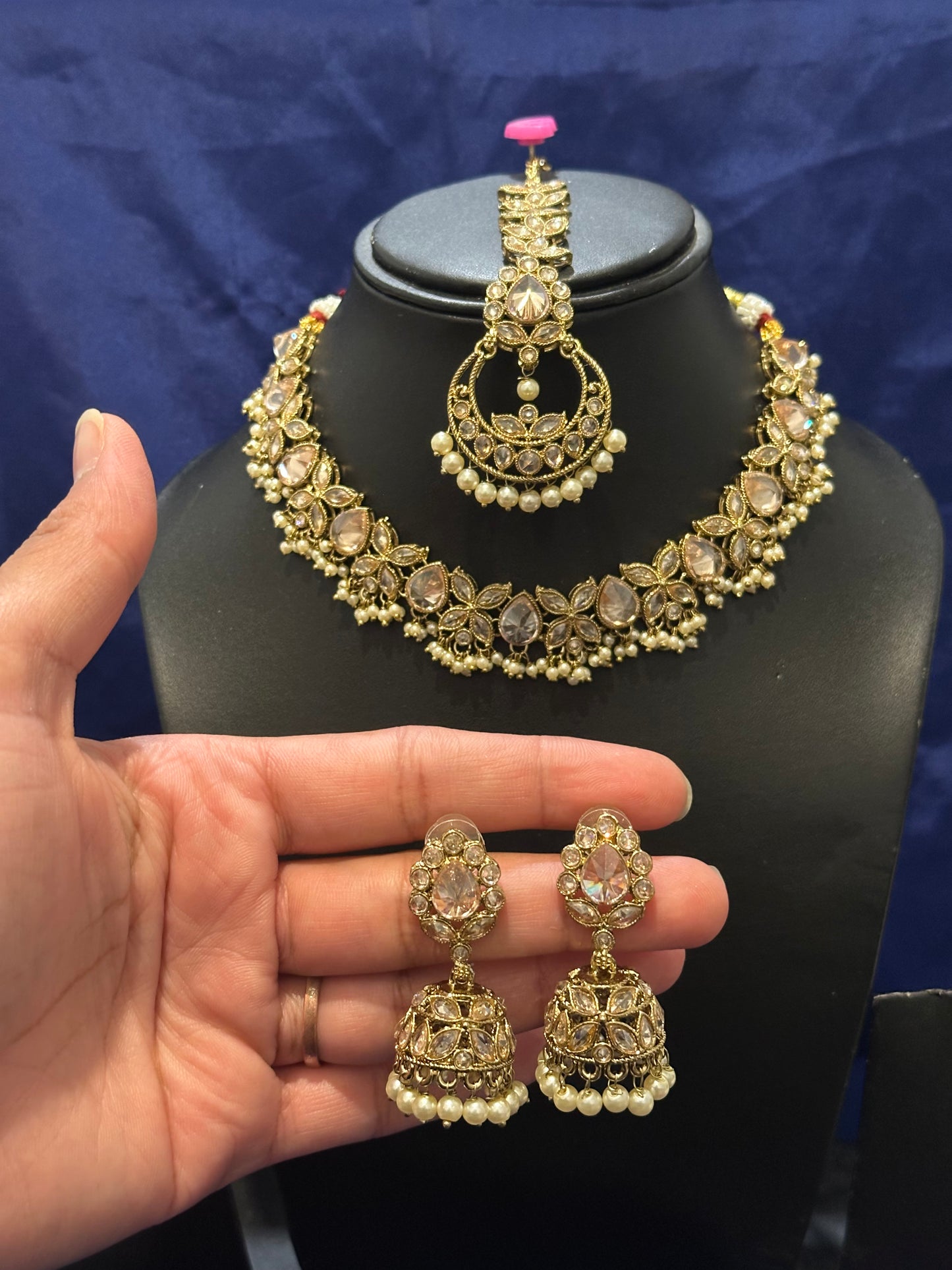 Necklace set with earrings and tikka in polki, Colour: Golden, Code: 110