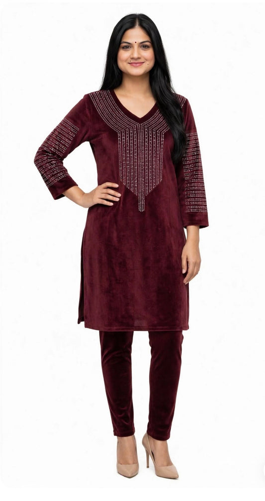 Velvet co-ord set in plum colour - Code: 177