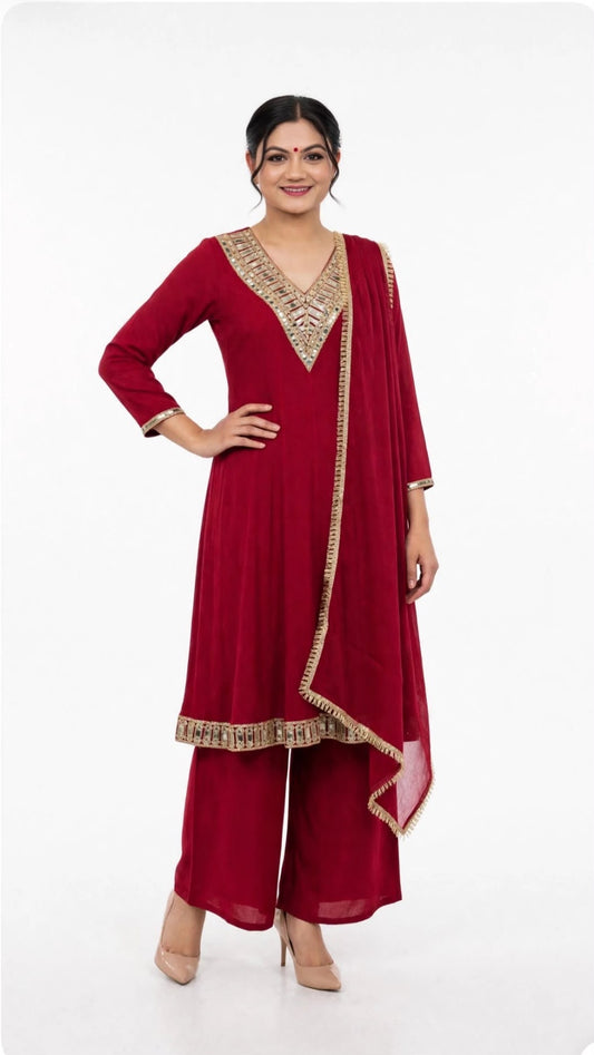 Red anarkali plazo Indo western suit in glass silk fabric : Code 364