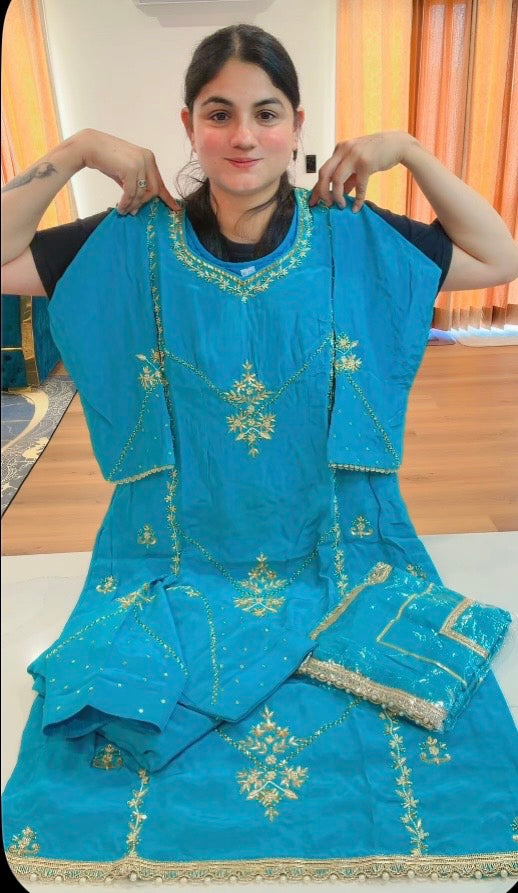 Partywear hand work suit (Colour: Firozi )- Code: 985
