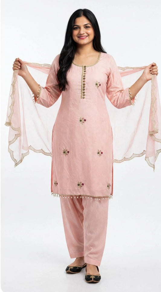 Burberry handwork semi party wear salwar suit in peachy pink colour - Code 272