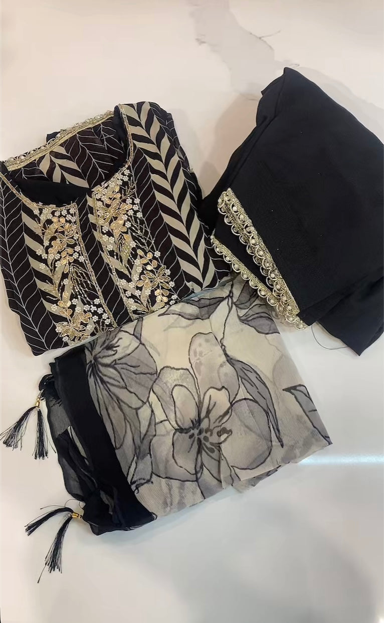 Casual wear digital printed sleek Handwork salwar suit - Colpur: Black ( Code: 637 )
