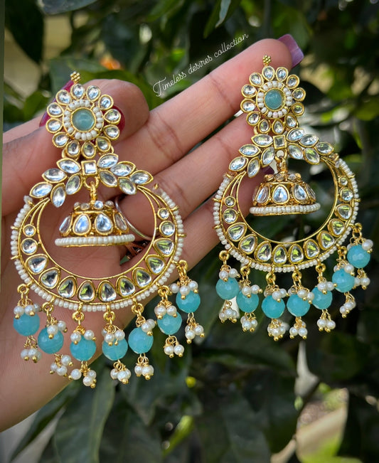 Sky blue Jhumka drop earrings in Kundan