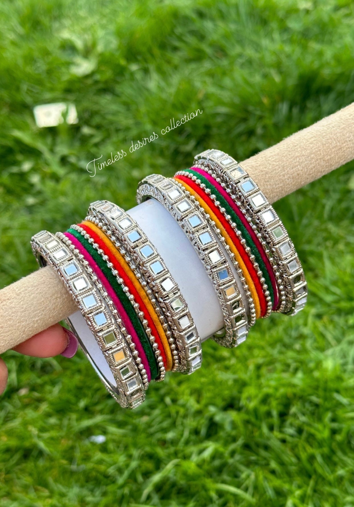 Multi mirror bangles set with silver kangan ( both hands )