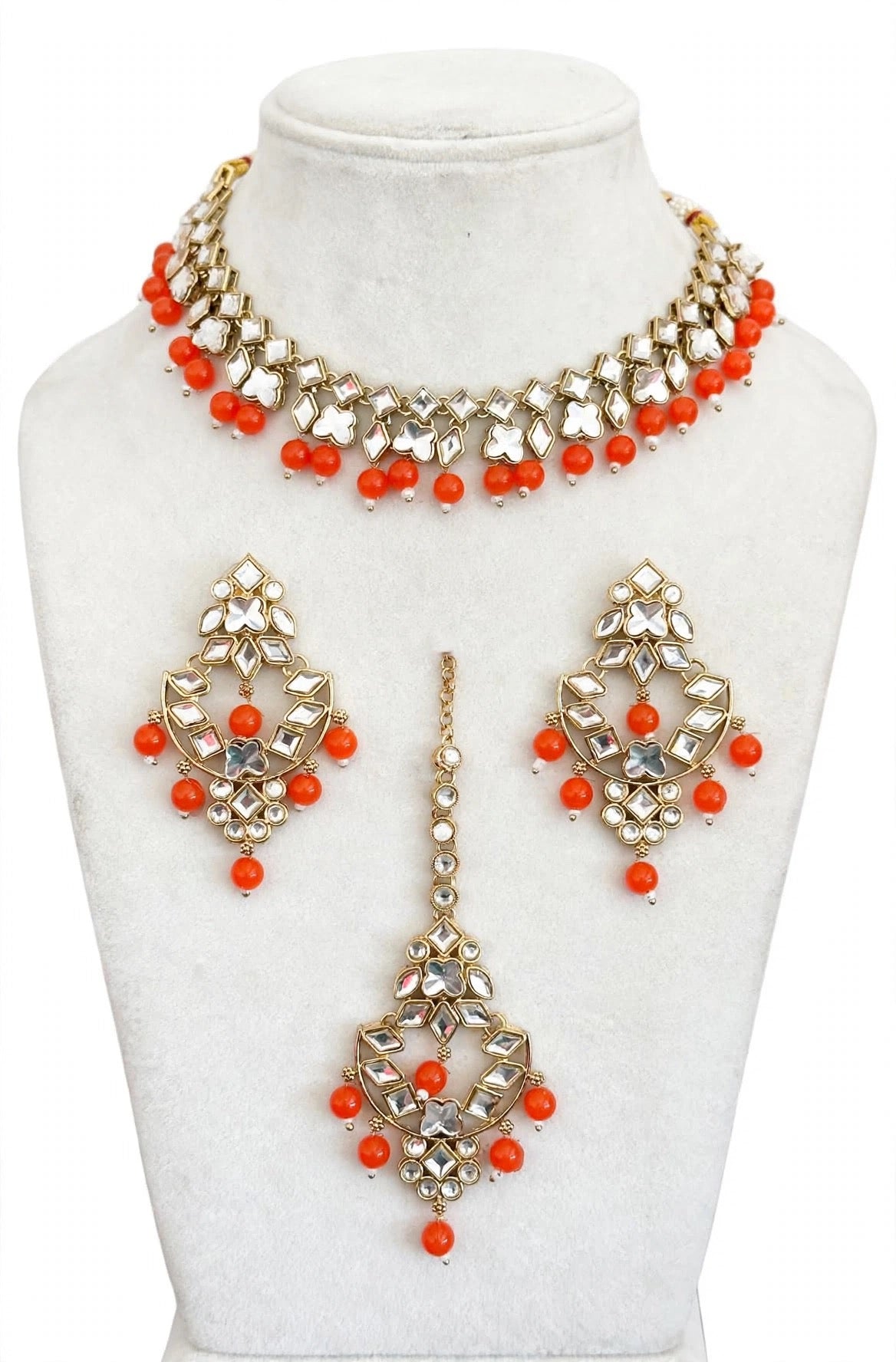 Orange colour necklace set with earrings and tikka, Code: E10