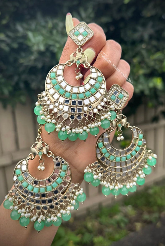 Mint green earrings and tikka set in mirror