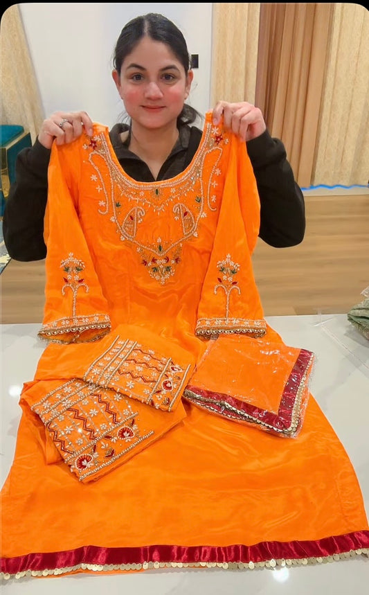 Taking preorder only - Handwork Party wear salwar suit, 3-6 weeks timeframe. Colour: Orange ( Code:678)
