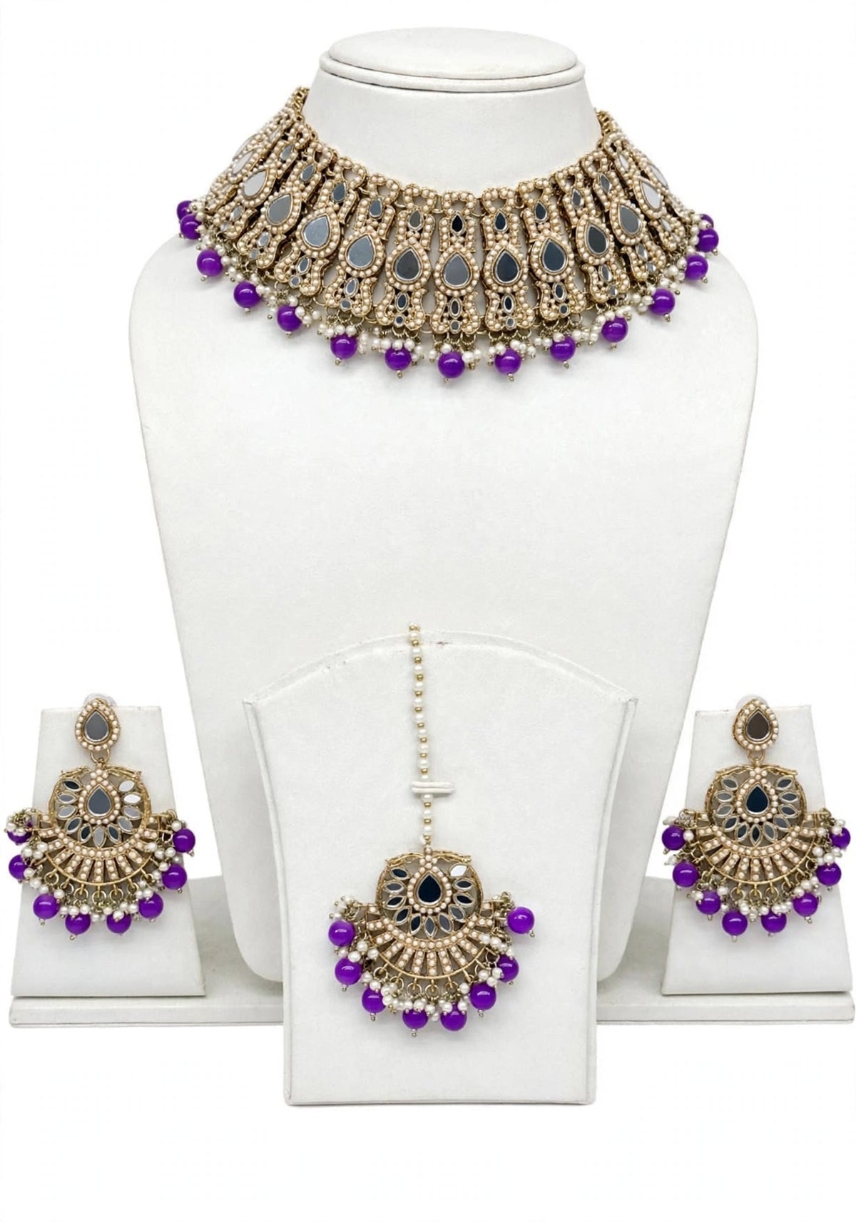 Purple pearl loaded choker / necklace set in mirror- n42
