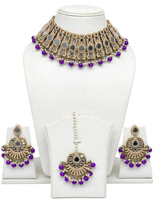 Purple pearl loaded choker / necklace set in mirror- n42