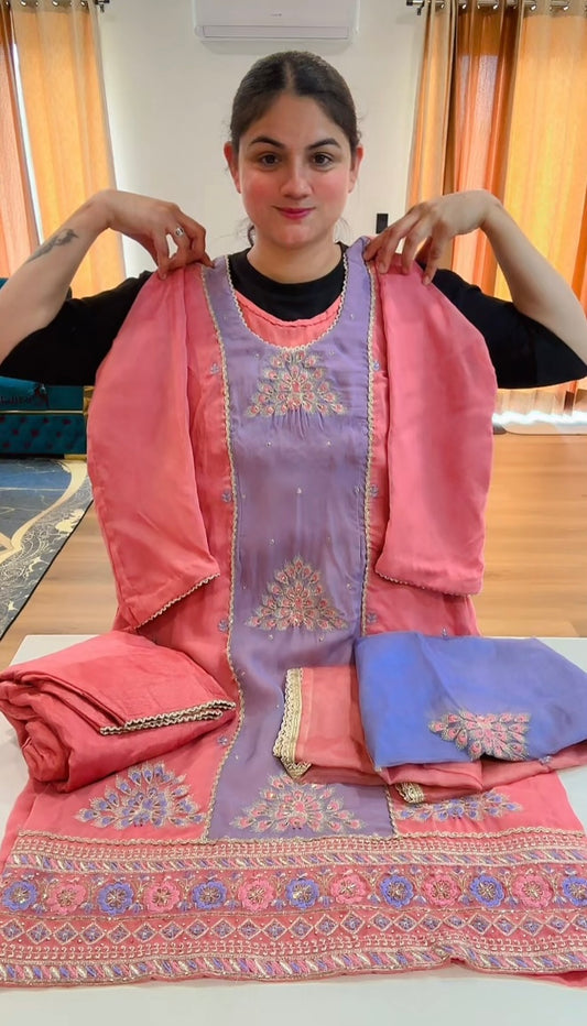 Partywear hand + tilla work suit (Colour: peach + powder blue), Code: 246