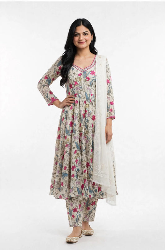 Off white floral cotton frock suit with slawar - Code 295
