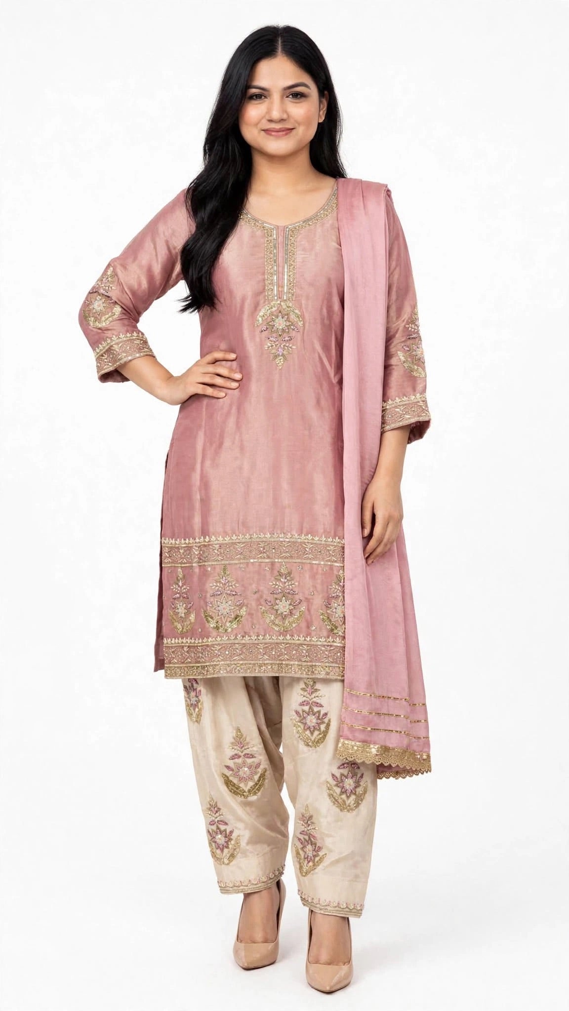 Heavy handwork silk base premium Suit with heavy handwork crape bottom paired up with pure duppta - Colour : Dusty Rose ( Code 078 )