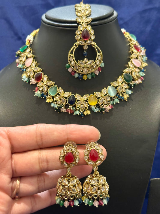 Necklace set with earrings and tikka in polki, Colour: Multi, Code: 112