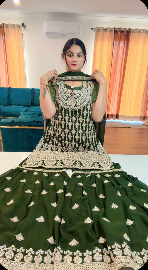 Party Wear Heavy Garara  suit on Georgette ( Colour: Bottle Green )
