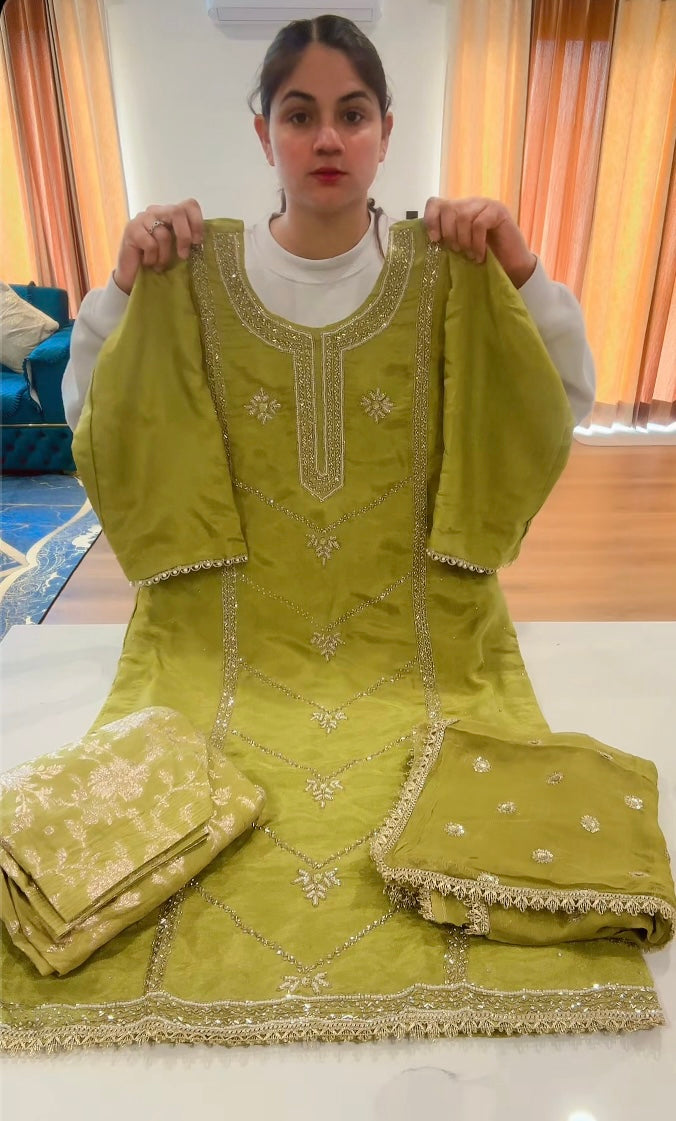Mehndi colour salwar suit on shimmer silk with Banarsi- ( Code: 667 )