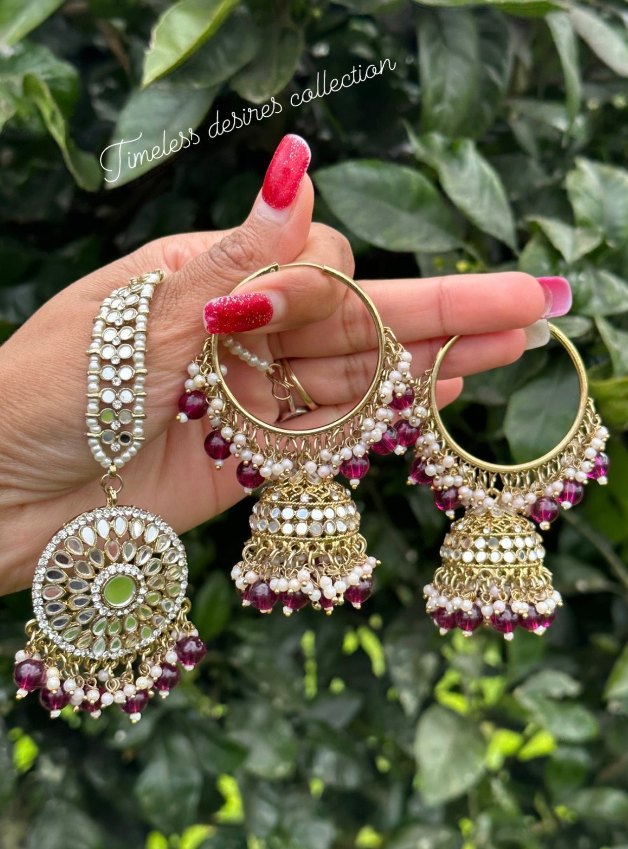 Purple Waliya earrings with tikka in mirror