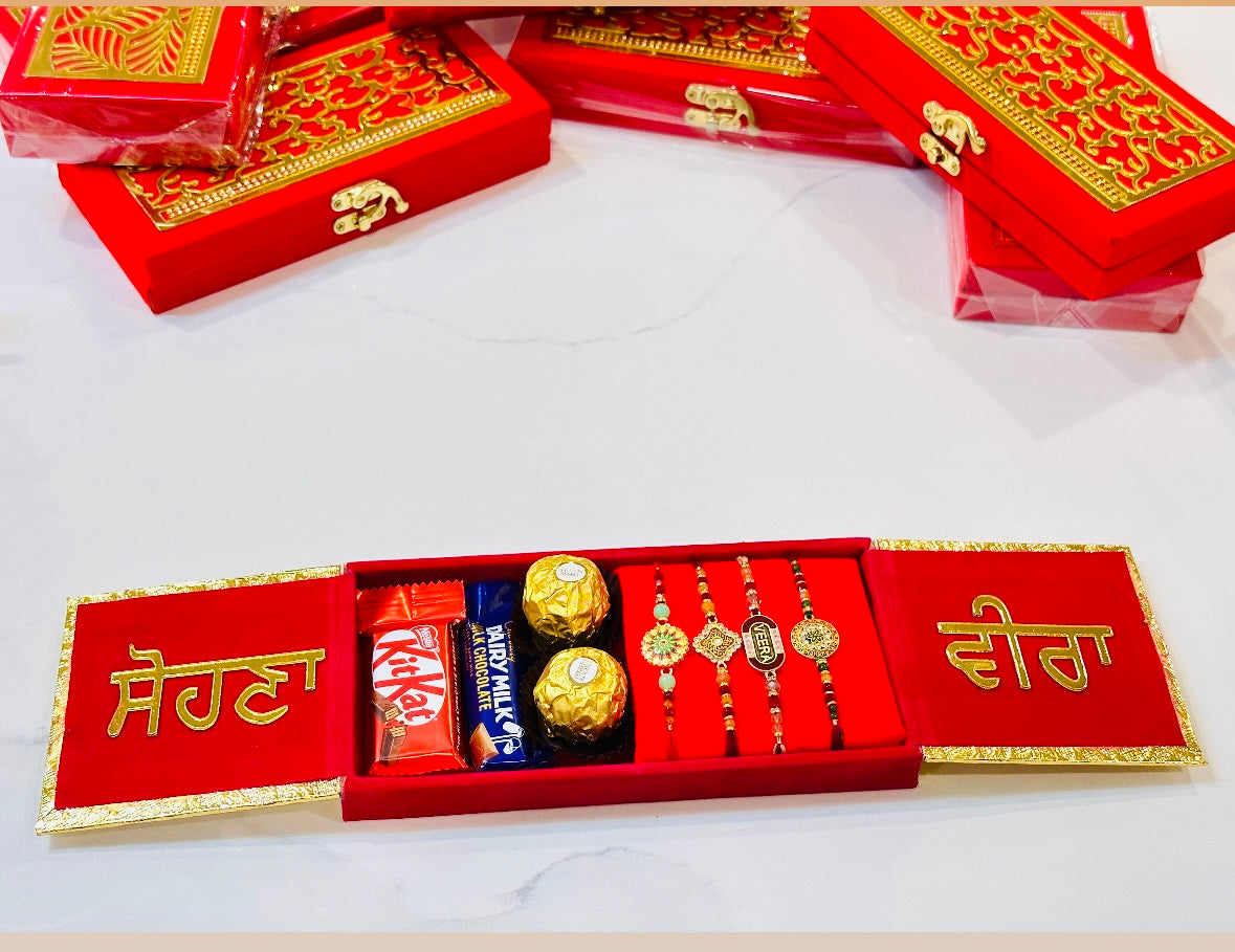 Rakhi Hamper Box with 4 Rakhdi and chocolates - Bunndle box (assorted designs)