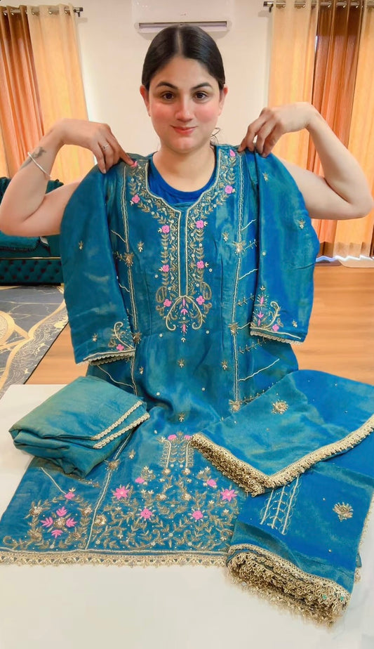 Partywear fully hand work suit (Colour: saleti blue), Code: 201