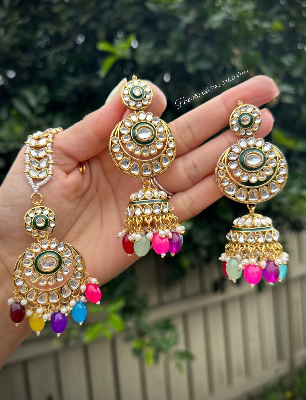 Multi coloured Jhumka earrings with Tikka in uncut Kundan