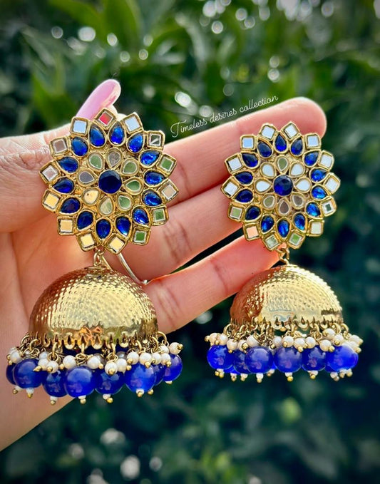 Blue Jhumka earrings in mirror with matt solid copper base ( high quality )