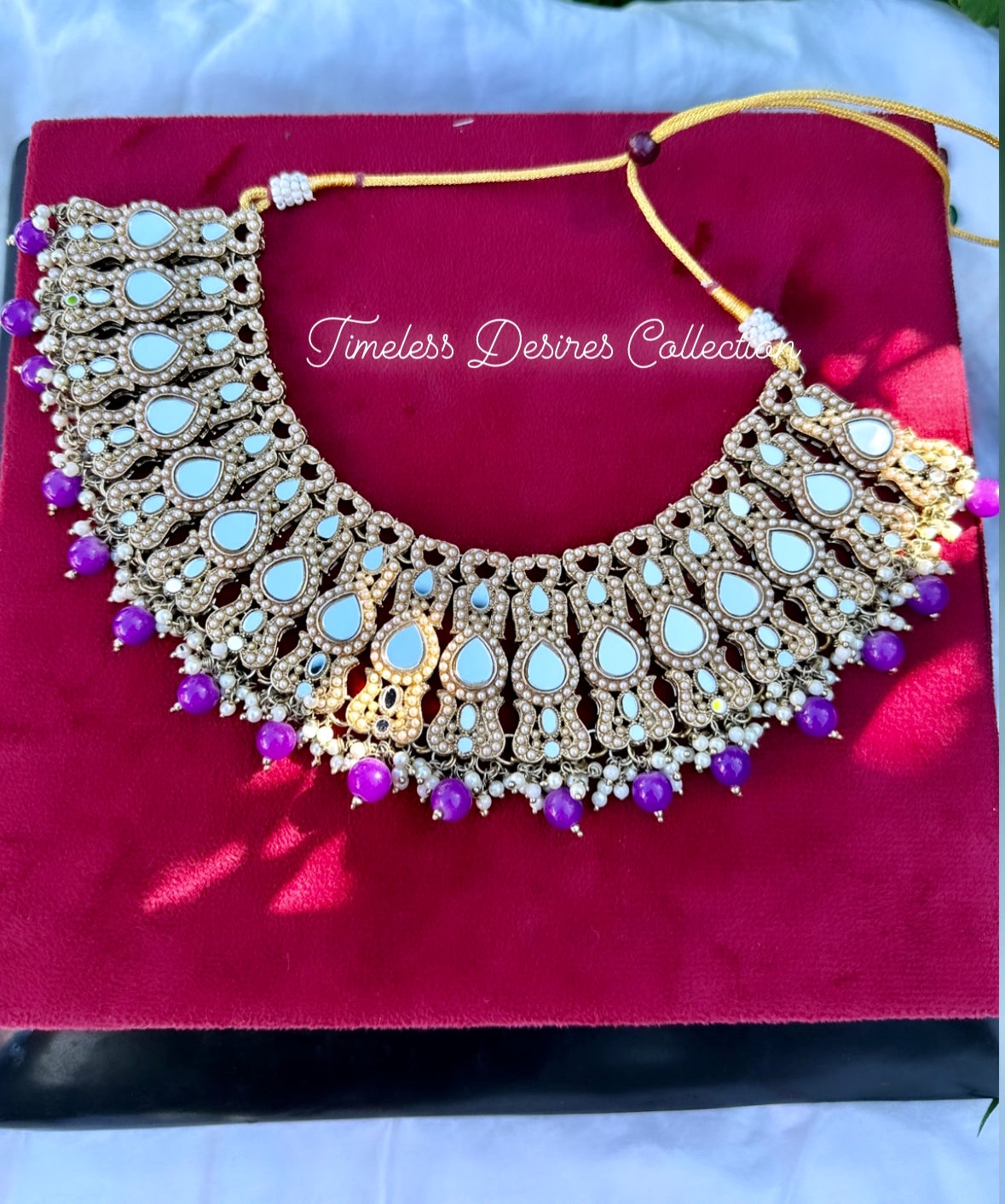 Purple pearl loaded choker / necklace set in mirror
