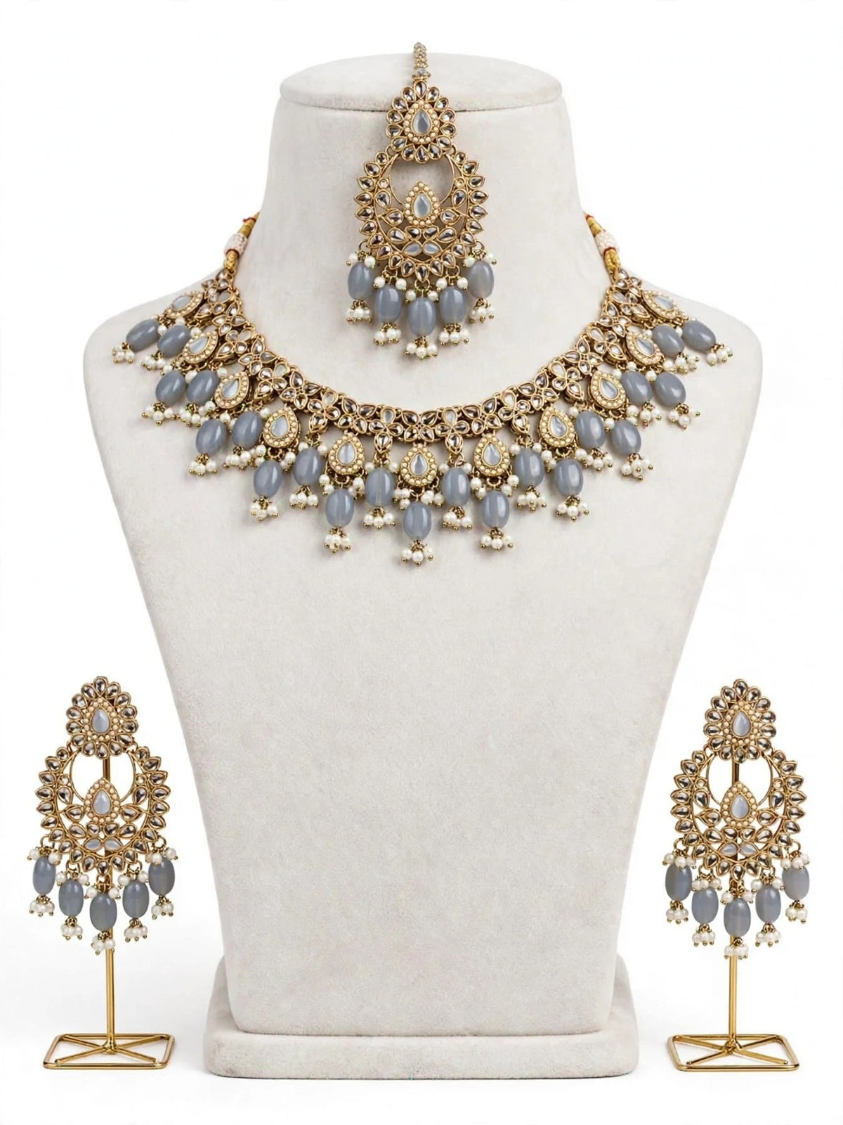 Necklace set with earrings & tikka, Colour: Grey, Code: X40