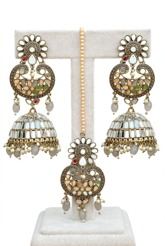 Grey long earnings and tikka set in mirror