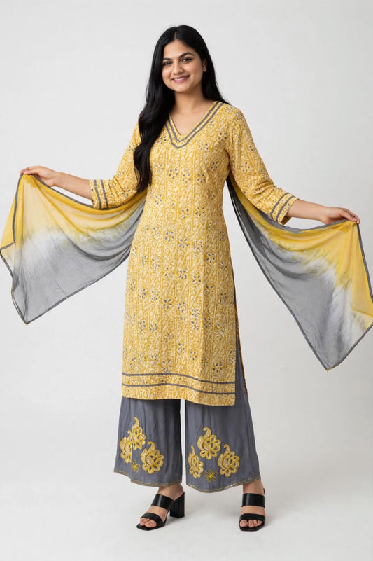 Yellow and Grey embroidered plazo suit in premium Cotton - Code 281