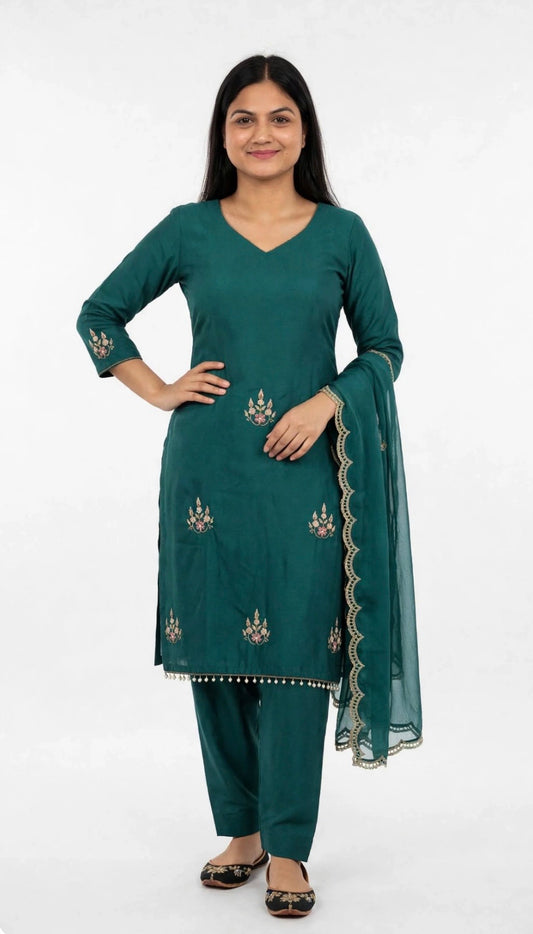 Burberry handwork semi party wear salwar suit in colour Rama Green - Code 271