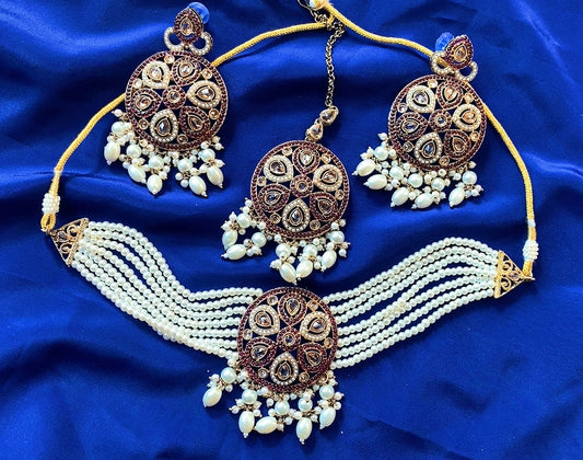 Necklace set with earrings & tikka, Colour: Purple, Code: X41