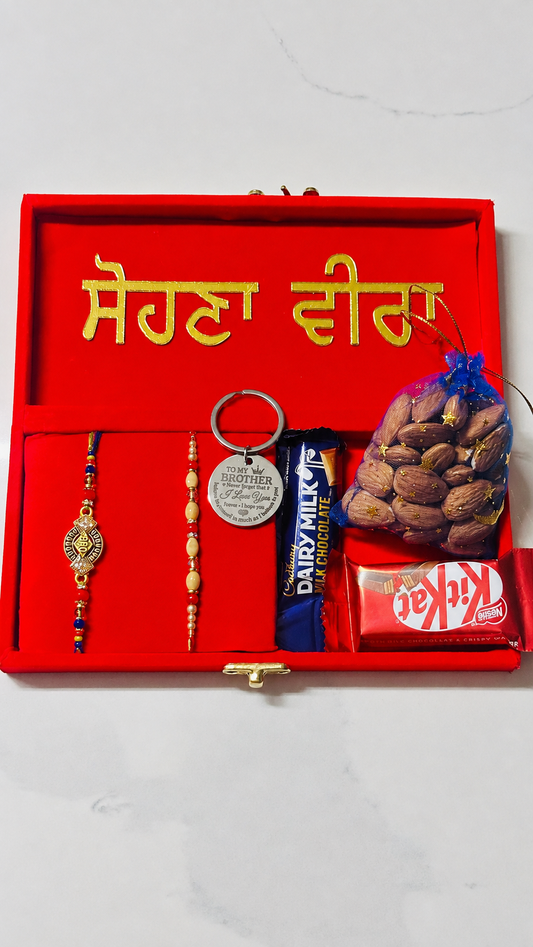 Sohna Veera Rakhi / Rakhdi hamper box with gifts (assorted designs)
