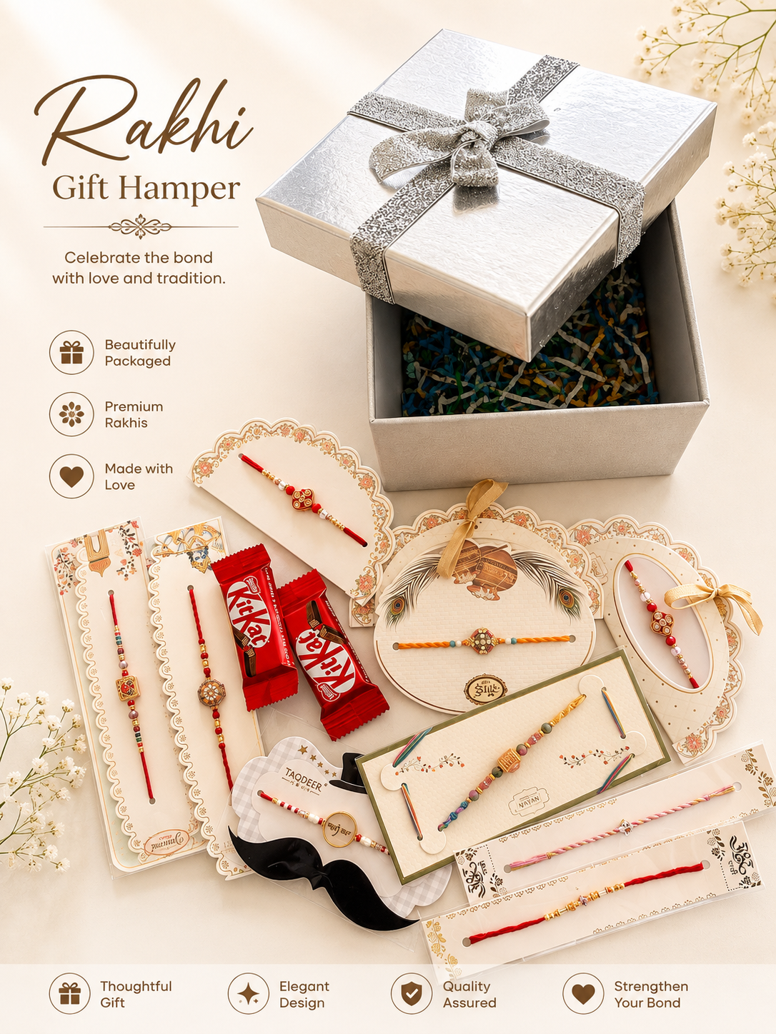 Big rakhi hamper box includes 10 premium meenakari rakhi and 2 chocolate bars packed into premium box