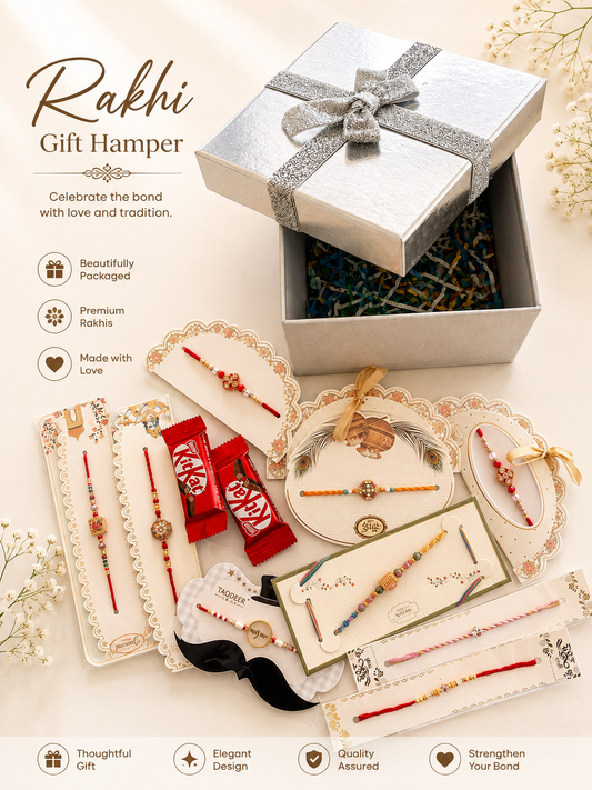 Big rakhi hamper box includes 10 premium meenakari rakhi and 2 chocolate bars packed into premium box