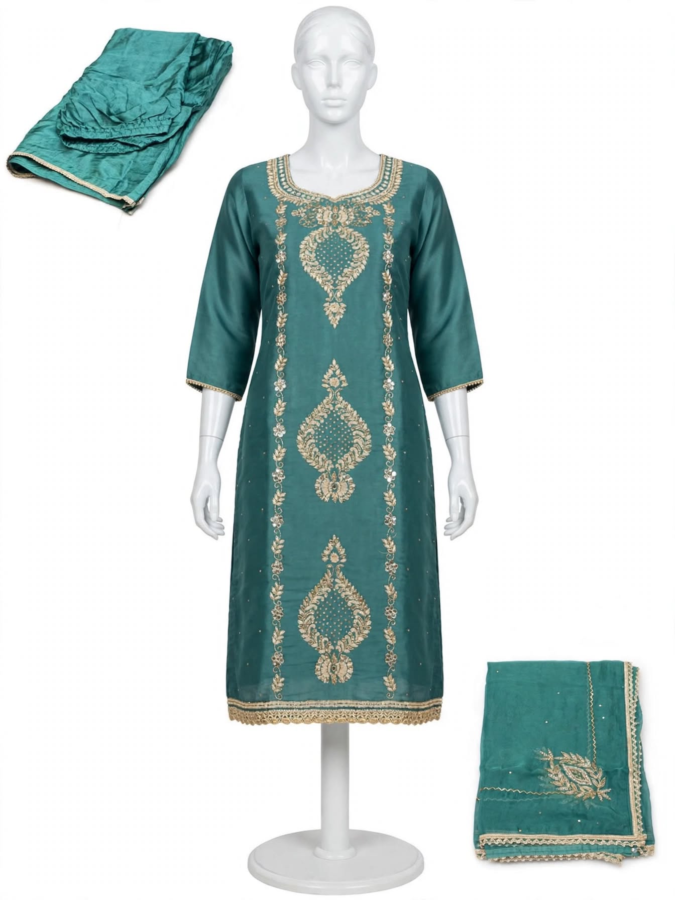 Party wear handwork boutique suit with loose plazo / Sharara in glass silk fabric (Code: 100)