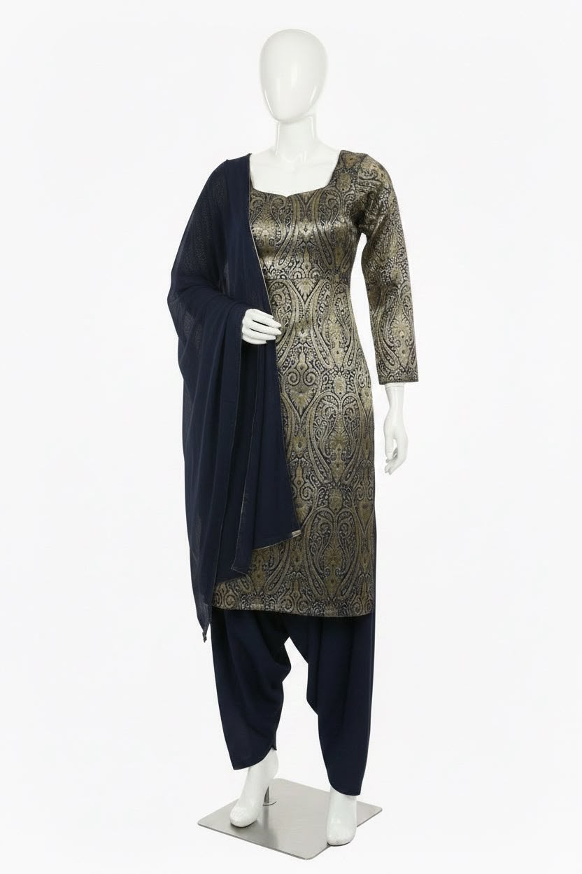 Blue Brocade Kheen Khab - salwar suit ( Round Neck )- Code: 255