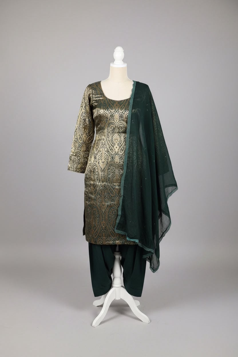 Bottle Green Kheen Khab / brocade salwar suit - Code 257