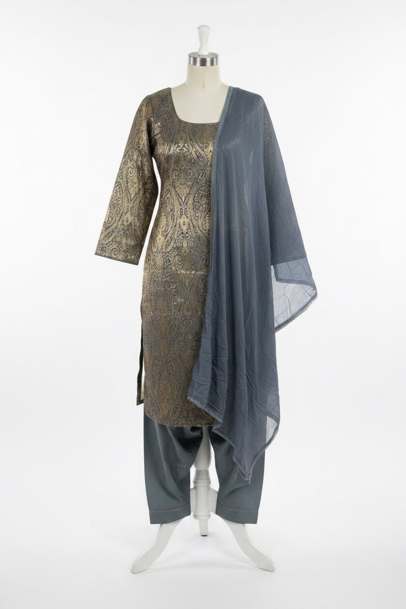 Grey Salwar suit in Kheen Khab/Brocade - Code 261