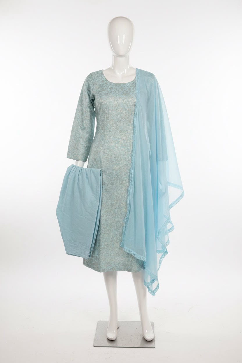 Water blue self designer Kheen Khab / brocade salwar suit - Code 264