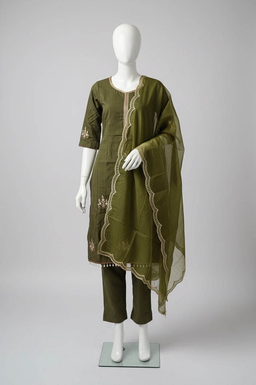 Burberry handwork semi party wear suit With pant in colour mehndi  - Code 268