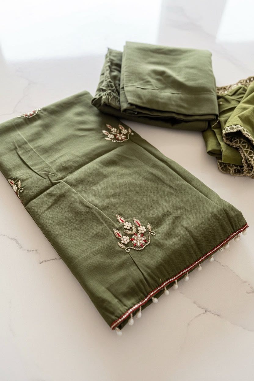 Burberry handwork semi party wear suit With pant in colour mehndi  - Code 268