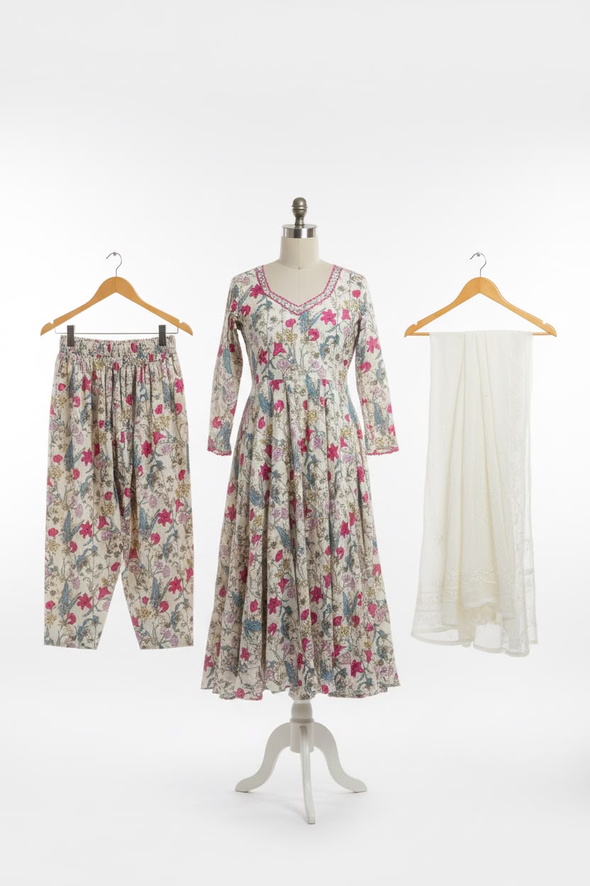 Off white floral cotton frock suit with slawar - Code 295