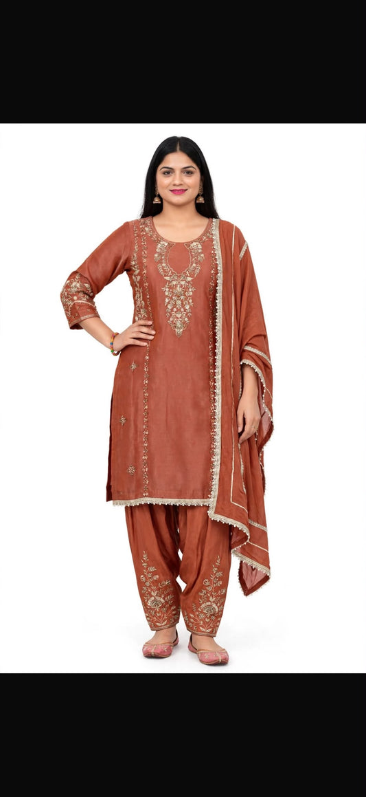 Handwork premium quality ziraffe silk suit with carpe salwar paired up with chinon duppta - Colour Alomond ( Code 062 )