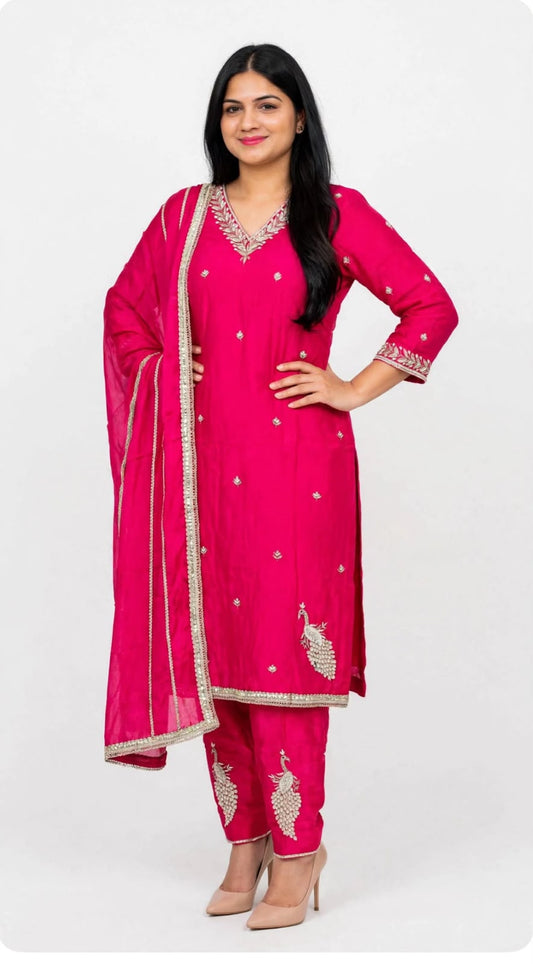 Party wear handwork organza silk suit with handwork silk slawar and lace work soft tabby silk duppta - Colour : Rani pink ( Code  036 )
