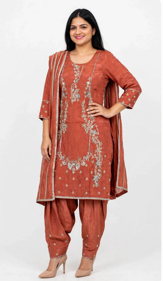 Heavy Silk Base Handwork salwar suit Paired up with Chinon duppta : Salwar and shirt handwork - Colour : Deep Almond ( Code : 035 )